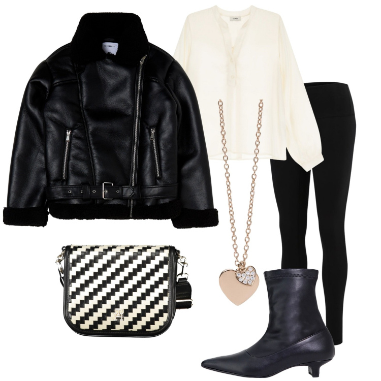 Outfit donna - Total look #1985737. Stile Rock per Serata fuori. Abbinamento con blazer, ciondoli, leggings, stivaletti, camicie, borse a tracolla.