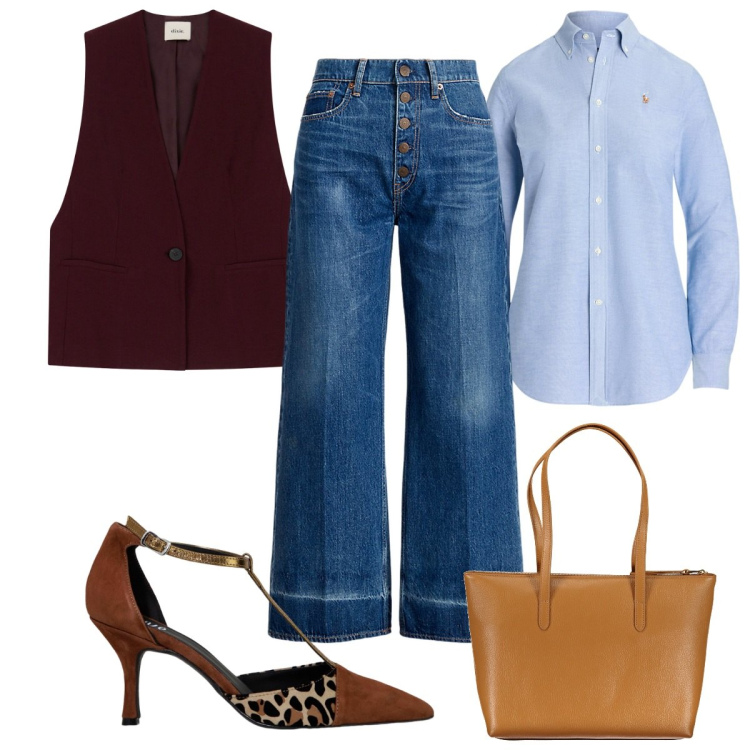 Outfit donna - Total look #1985746. Stile Trendy per Tutti i giorni. Abbinamento con camicie, jeans, gilet, décolleté, borse a spalla.