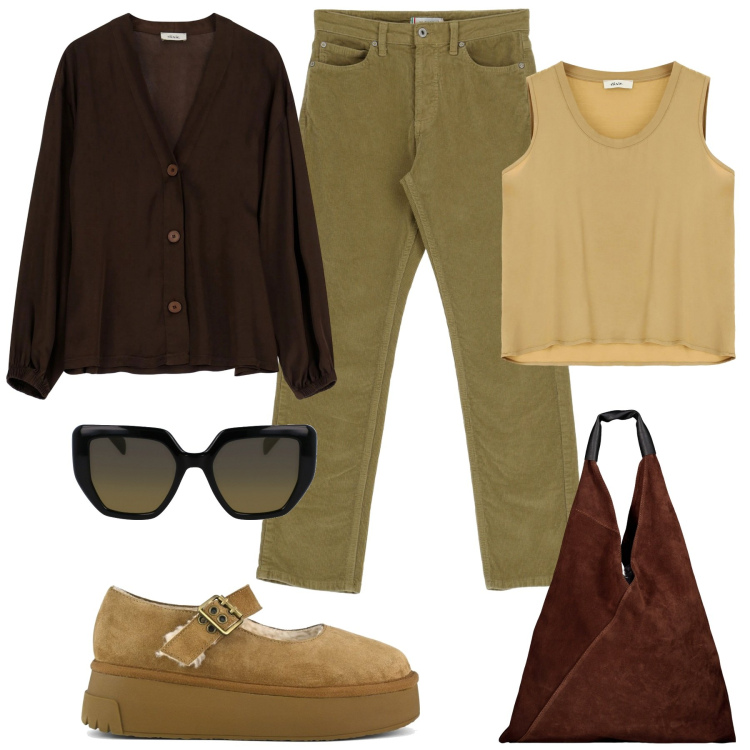 Outfit donna - I colori dell\'autunno. Stile Casual per Tutti i giorni. Abbinamento con pantaloni, camicie, canottiere, décolleté, borse a spalla, occhiali da sole.