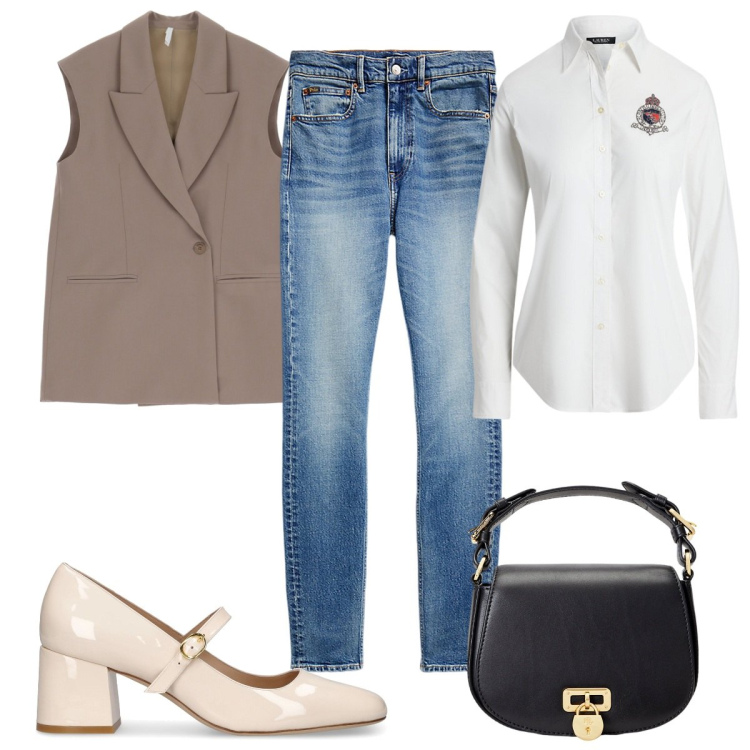 Outfit donna - Total look #1985753. Stile Trendy per Tutti i giorni. Abbinamento con gilet, borse a tracolla, camicie, jeans slim fit, décolleté.