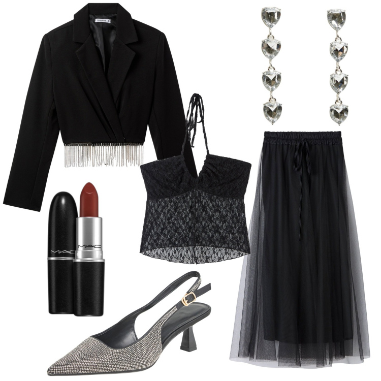 Outfit donna - Dark Angel. Stile Glamour per Serata fuori. Abbinamento con rossetti, orecchini, gonne lunghe, top, décolleté, blazer.
