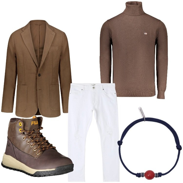 Outfit uomo - I jeans bianchi. Stile Business/Elegante per Ufficio. Abbinamento con jeans strappati, braccialetti, giacche, stivali, maglieria.