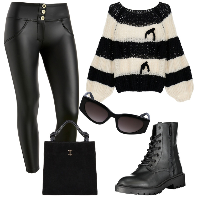 Outfit donna - Pullover chunky. Stile Casual chic per Tutti i giorni. Abbinamento con maglieria, shopping bag, pantaloni skinny, stivali, occhiali da sole.