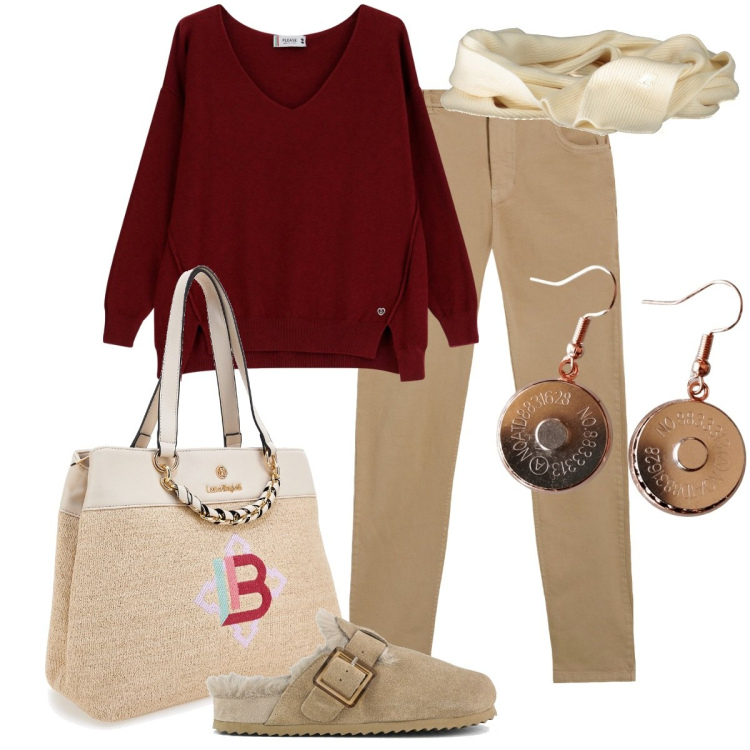 Outfit donna - Maglieria chunky. Stile Basic per Tutti i giorni. Abbinamento con maglieria, pantaloni skinny, sabot, orecchini, borse a mano, sciarpe.