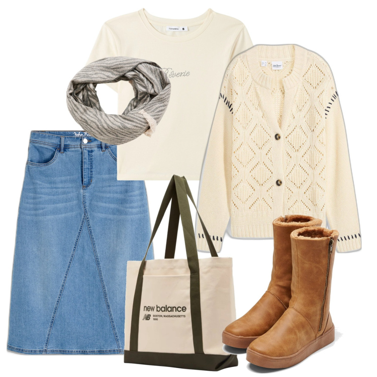 Outfit donna - Sabato leggero. Stile Bon Ton per Tutti i giorni. Abbinamento con stivali, gonne, cardigans, sciarpe, t-shirt, borse tote.