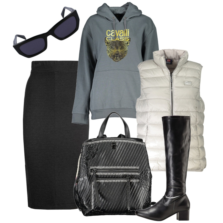 Outfit donna - Il look che non ti aspetti. Stile Urban per Tutti i giorni. Abbinamento con stivali, blazer, gonne lunghe, felpe con cappuccio, zaini, occhiali da sole.