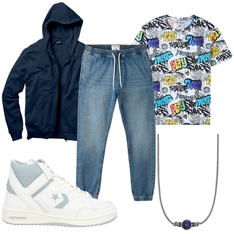 Outfit uomo - Jeans urban tutti i giorni. Stile Urban per Tutti i giorni. Abbinamento con felpe con cappuccio, sneakers alte, t-shirt, jeans, collane.