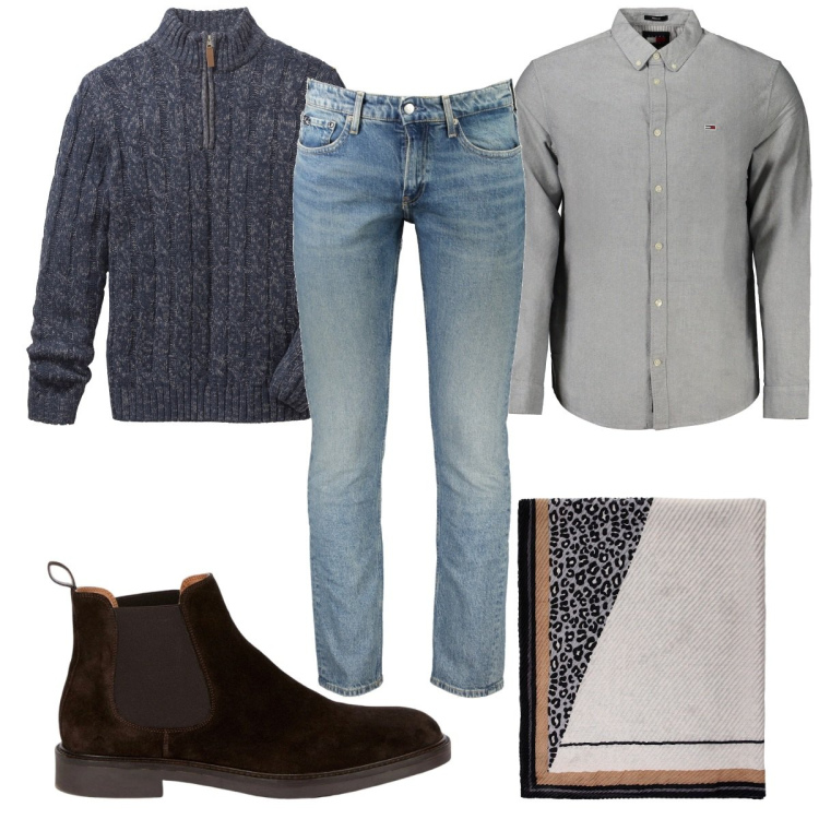 Outfit uomo - I jeans con gli amici. Stile Trendy per Tutti i giorni. Abbinamento con maglieria, sciarpe e foulard, jeans slim fit, camicie, stivali e stivaletti.