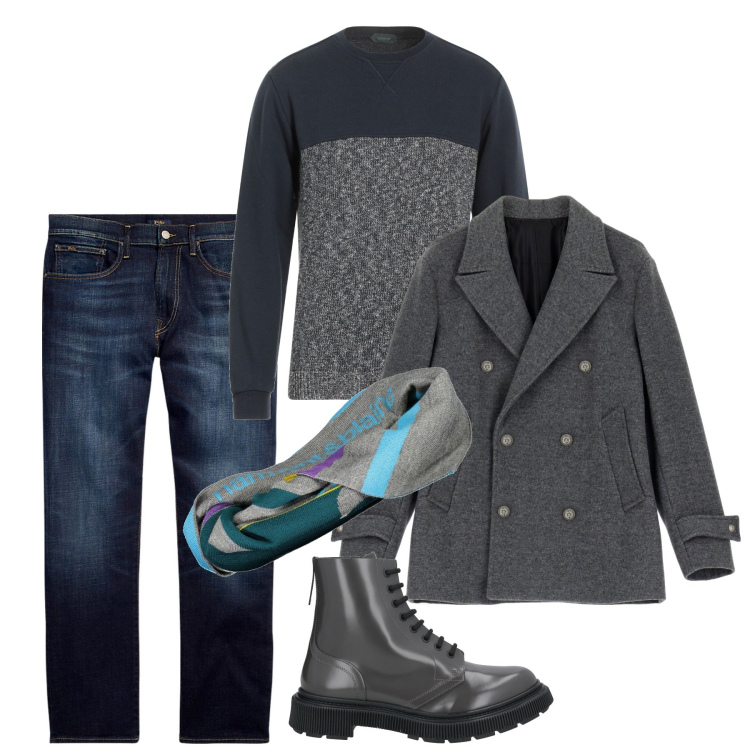 Outfit uomo - Casual in centro. Stile Casual per Tutti i giorni. Abbinamento con pullovers, anfibi, giacche, jeans dritti, sciarpe.