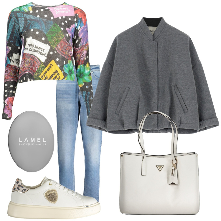 Outfit donna - Il bomber grigio per questo autunno. Stile Trendy per Tutti i giorni. Abbinamento con ombretti, bomber, sneakers, jeans mom, maglieria, borse a spalla.