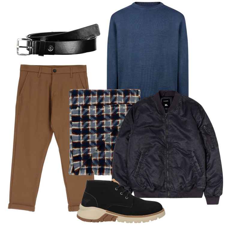 Outfit uomo - Equilibrio di colori. Stile Urban per Tutti i giorni. Abbinamento con stivali e stivaletti, bomber, pantaloni, sciarpe, maglieria, cinture.