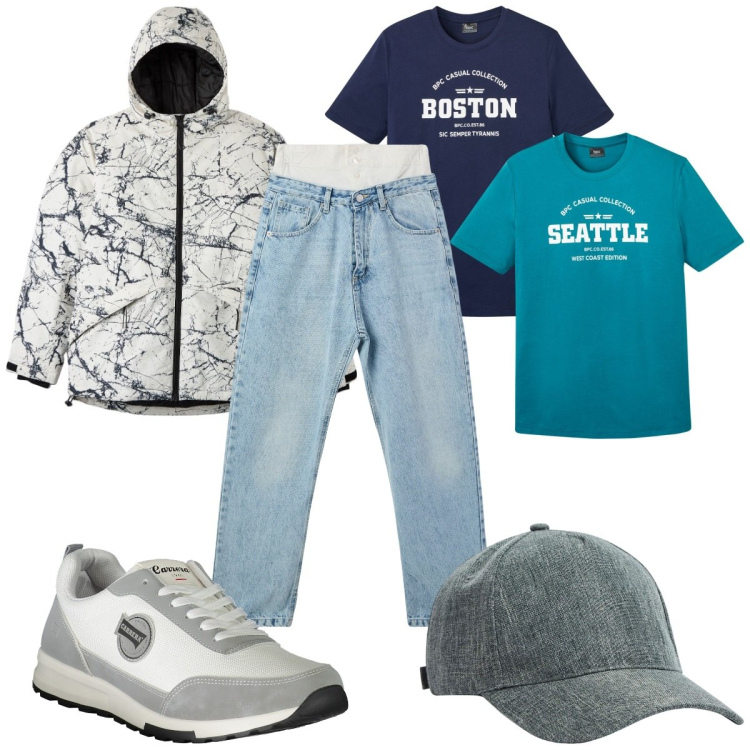 Outfit uomo - Total look #1985829. Stile Trendy per Tutti i giorni. Abbinamento con t-shirt, jeans, giacche, cappelli, sneakers.