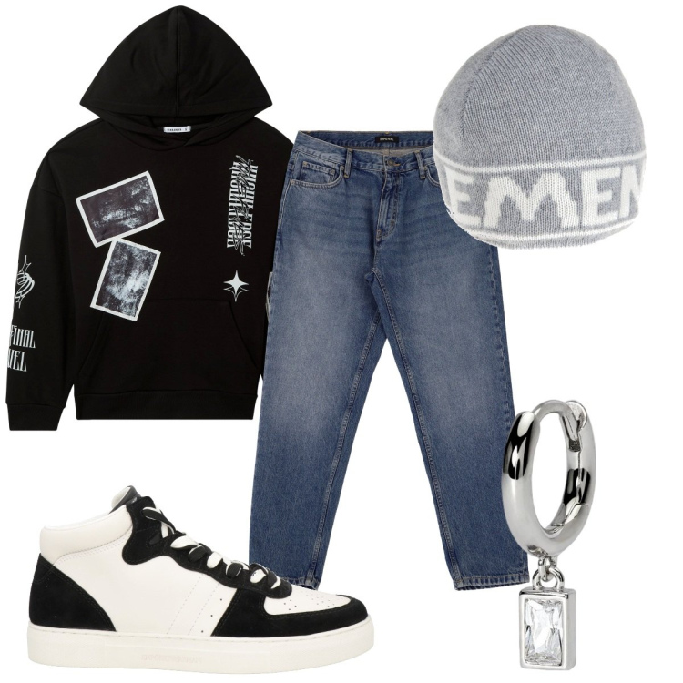 Outfit uomo - Total look #1985831. Stile Urban per Tutti i giorni. Abbinamento con sneakers alte, felpe con cappuccio, orecchini, jeans, berretti.