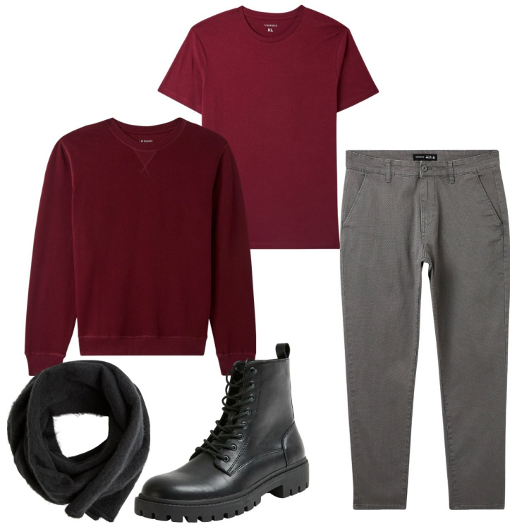 Outfit uomo - Melagrana. Stile Casual per Tutti i giorni. Abbinamento con sciarpe e foulard, felpe, t-shirt, pantaloni chino, anfibi.