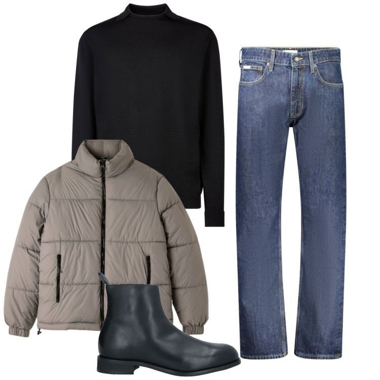 Outfit uomo - Il fascino del nero. Stile Casual per Tutti i giorni. Abbinamento con stivali e stivaletti, piumini, maglieria, jeans dritti.