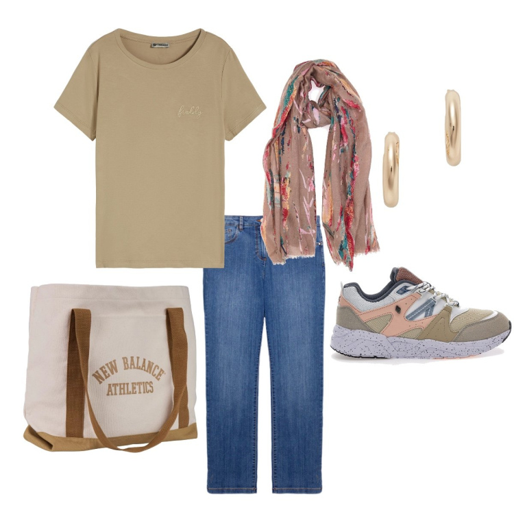 Outfit donna - Autunno quotidiano. Stile Basic per Tutti i giorni. Abbinamento con borse tote, t-shirt, orecchini, foulard, sneakers, jeans dritti.