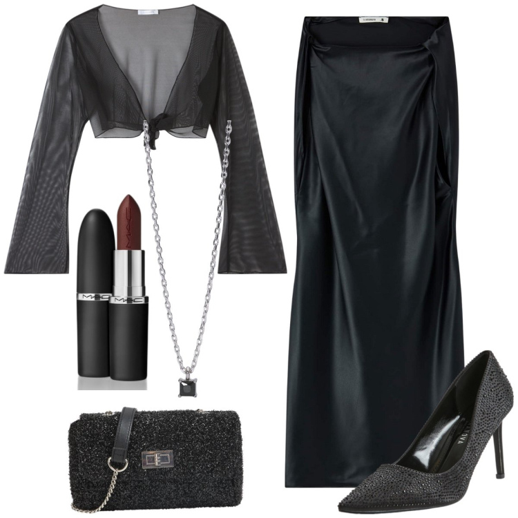 Outfit donna - Total look #1985854. Stile Rock per Serata fuori. Abbinamento con rossetti, vestiti corti, borse a tracolla, bolero, décolleté, collane.