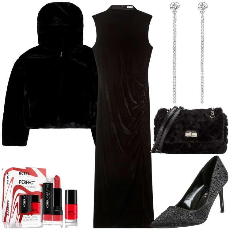 Outfit donna - Halloween Style. Stile Chic per Serata fuori. Abbinamento con rossetti, vestiti lunghi, blazer, décolleté, borse a spalla, orecchini.