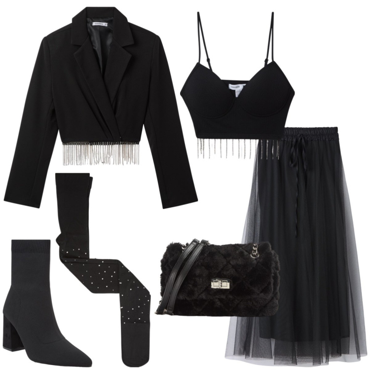 Outfit donna - Total look #1985857. Stile Trendy per Serata fuori. Abbinamento con collant, gonne lunghe, blazer, borse a spalla, stivaletti, top.