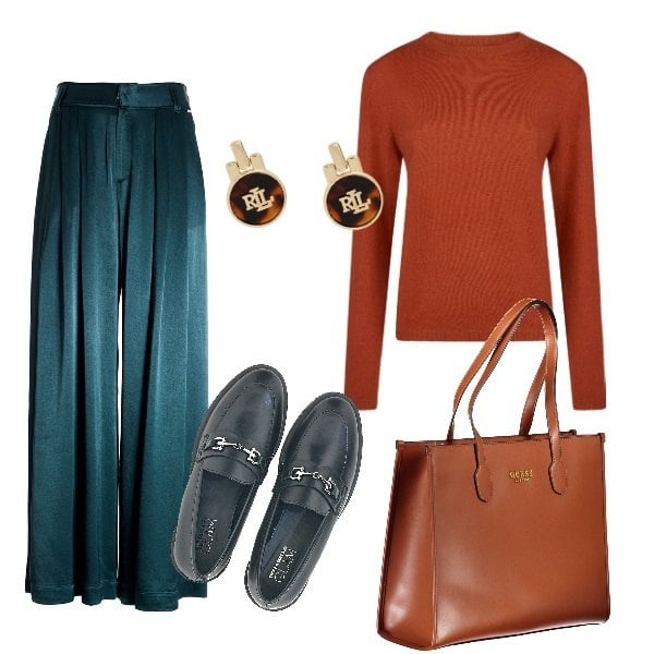 Outfit donna - Comodità. Stile Basic per Ufficio. Abbinamento con pantaloni a palazzo, orecchini, mocassini, maglieria, borse a spalla.