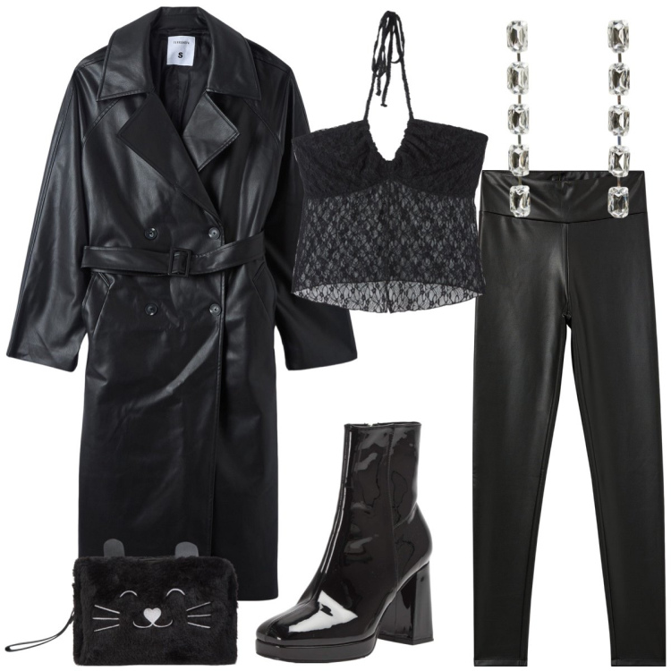 Outfit donna - Total look #1985860. Stile Rock per Serata fuori. Abbinamento con orecchini, treggings, trench, stivaletti, top, valigie.