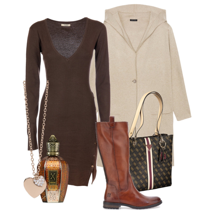 Outfit donna - L abito in maglia per l aperitivo. Stile Casual chic per Tutti i giorni. Abbinamento con profumi, ciondoli, vestiti, stivali sopra il ginocchio, cardigans, borse a spalla.