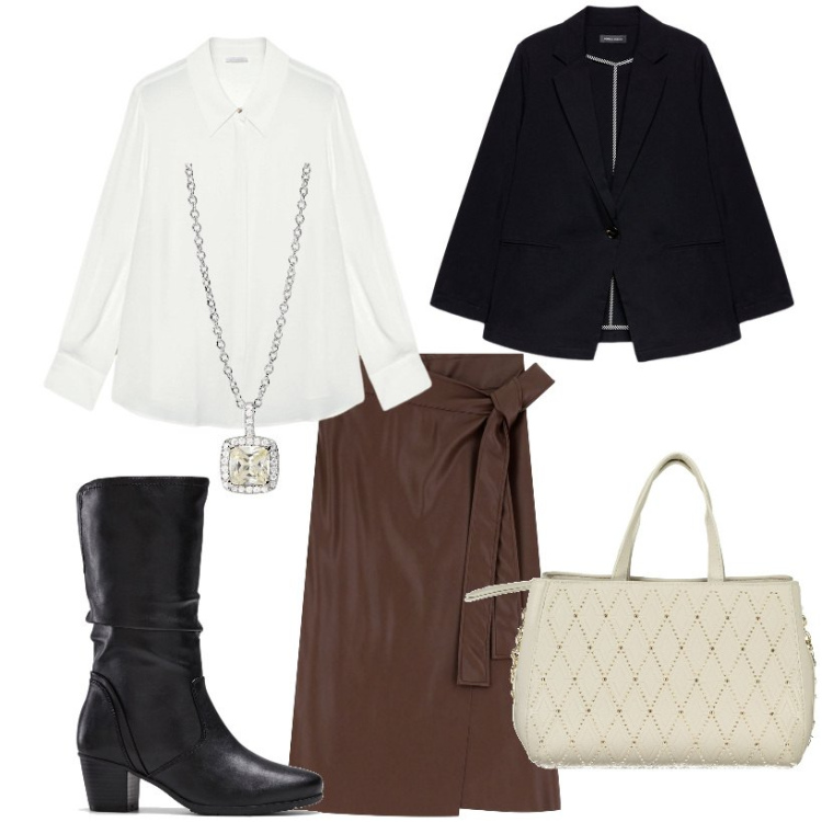 Outfit donna - Gonna e stivali. Stile Casual chic per Serata fuori. Abbinamento con stivali, collane, gonne, blazer, camicie, borse a spalla.