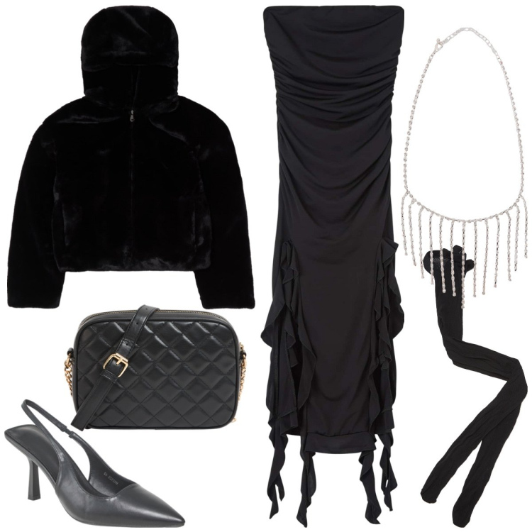 Outfit donna - Total look #1985867. Stile Rock per Serata fuori. Abbinamento con borse a tracolla, collane, vestiti, blazer, décolleté, collant.
