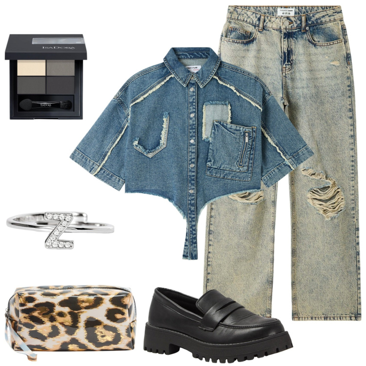 Outfit donna - Halloween by Terranova:Zombie in denim. Stile Trendy per Serata fuori. Abbinamento con ombretti, camicie a manica corta, jeans strappati, mocassini, valigie, anelli.