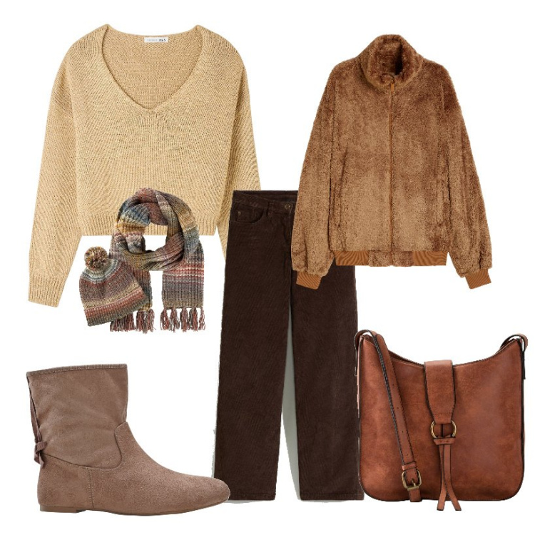Outfit donna - In relax. Stile Casual per Tutti i giorni. Abbinamento con borse a tracolla, sciarpe, stivaletti, pantaloni, maglieria, blazer.