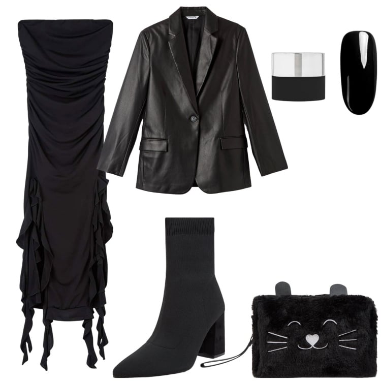 Outfit donna - Halloween con Terranova. Stile Trendy per Serata fuori. Abbinamento con smalti, blazer, vestiti, valigie, stivaletti.