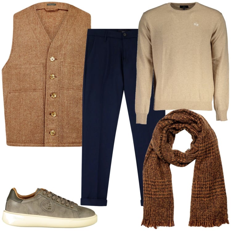 Outfit uomo - Aspetto nobile. Stile Trendy per Tutti i giorni. Abbinamento con pantaloni chino, gilet, sneakers, sciarpe, maglieria.