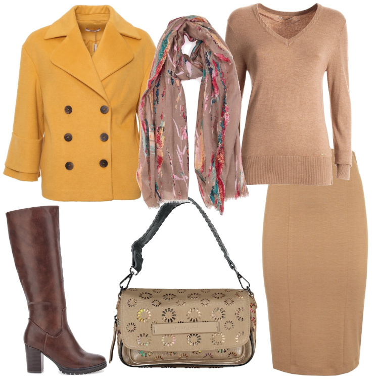 Outfit donna - I colori dell\'autunno. Stile Bon Ton per Ufficio. Abbinamento con maglieria, cappotti, foulard, gonne lunghe, stivali, borse a spalla.