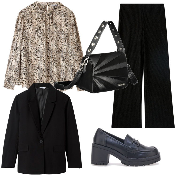Outfit donna - Blusa animalier. Stile Casual chic per Ufficio. Abbinamento con pantaloni, bluse, blazer, mocassini, borse a spalla.