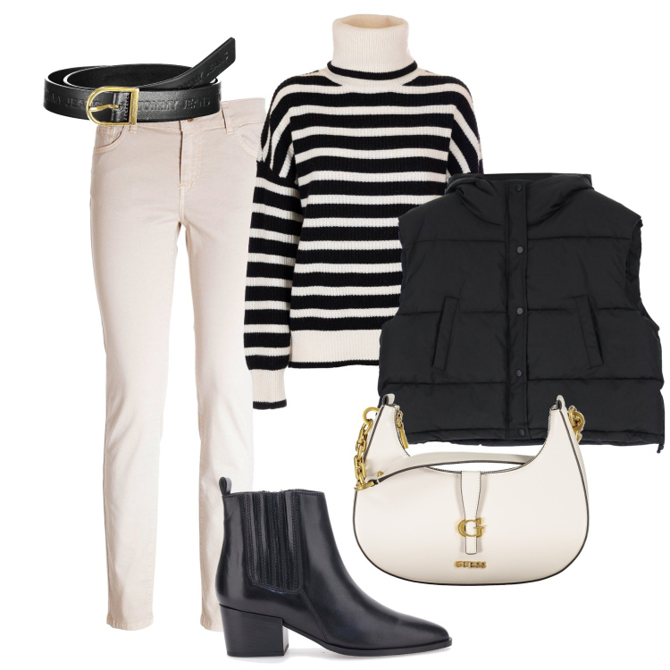 Outfit donna - Il maglione chunky in città. Stile Urban per Tutti i giorni. Abbinamento con piumini, jeans skinny, maglieria, stivaletti chelsea, cinture, borse a spalla.