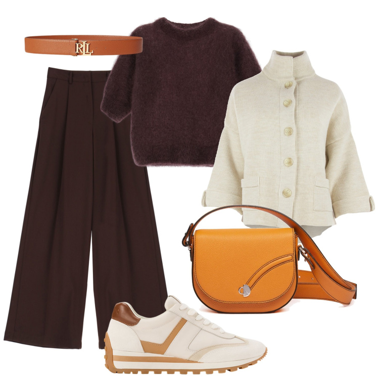 Outfit donna - Ufficio testa di moro e senape. Stile Casual chic per Ufficio. Abbinamento con pantaloni, maglieria, sneakers, cinture, blazer, borse a tracolla.