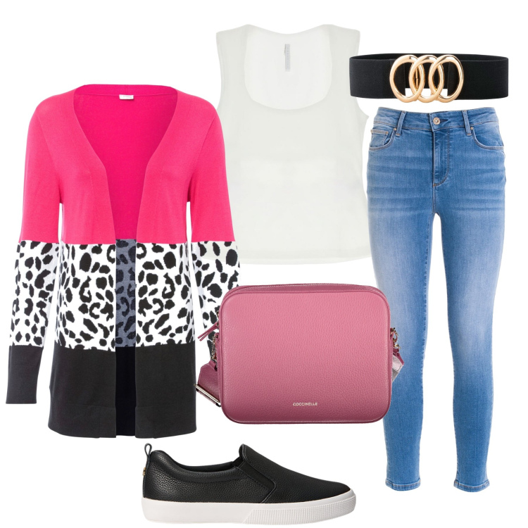 Outfit donna - Il cardigan multicolore. Stile Casual per Tutti i giorni. Abbinamento con cinture, cardigans, jeans skinny, top, sneakers, borse a tracolla.