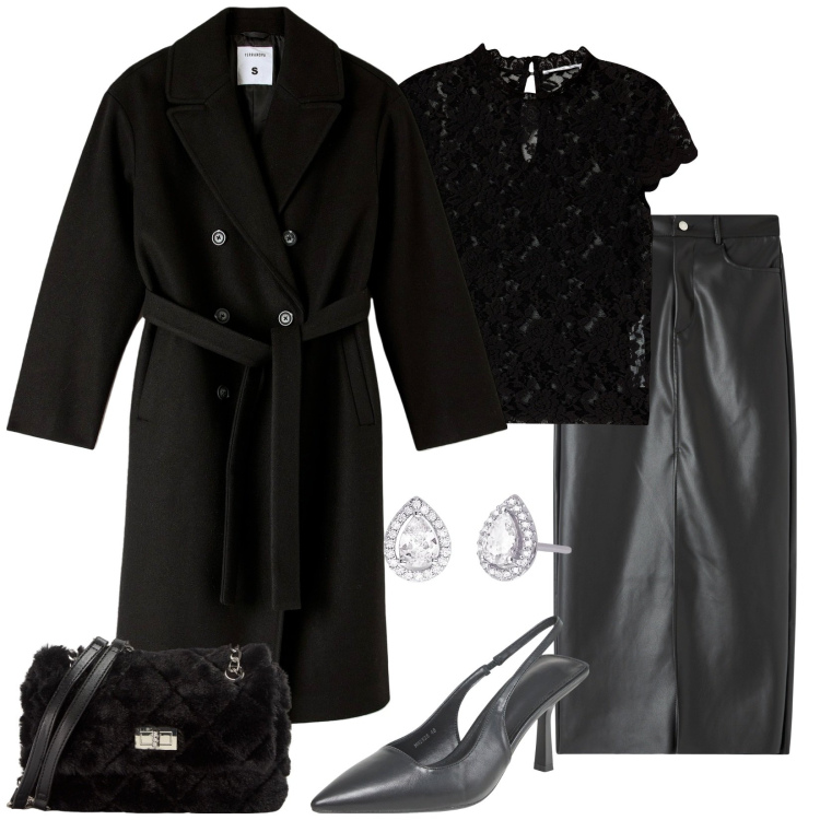 Outfit donna - Pizzo e finta pelle. Stile Sexy per Serata fuori. Abbinamento con gonne lunghe, t-shirt, cappotti, borse a spalla, décolleté, orecchini.