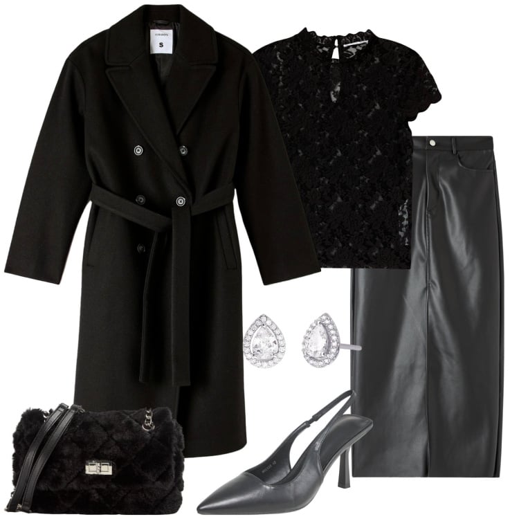 Outfit donna - Pizzo e finta pelle. Stile Sexy per Serata fuori. Abbinamento con t-shirt, gonne lunghe, cappotti, borse a spalla, décolleté, orecchini.