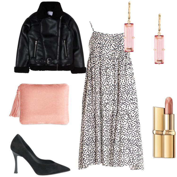 Outfit donna - Iper femminile col chiodo caldo. Stile Glamour per Serata fuori. Abbinamento con décolleté, rossetti, blazer, vestiti senza maniche, orecchini, pochette.