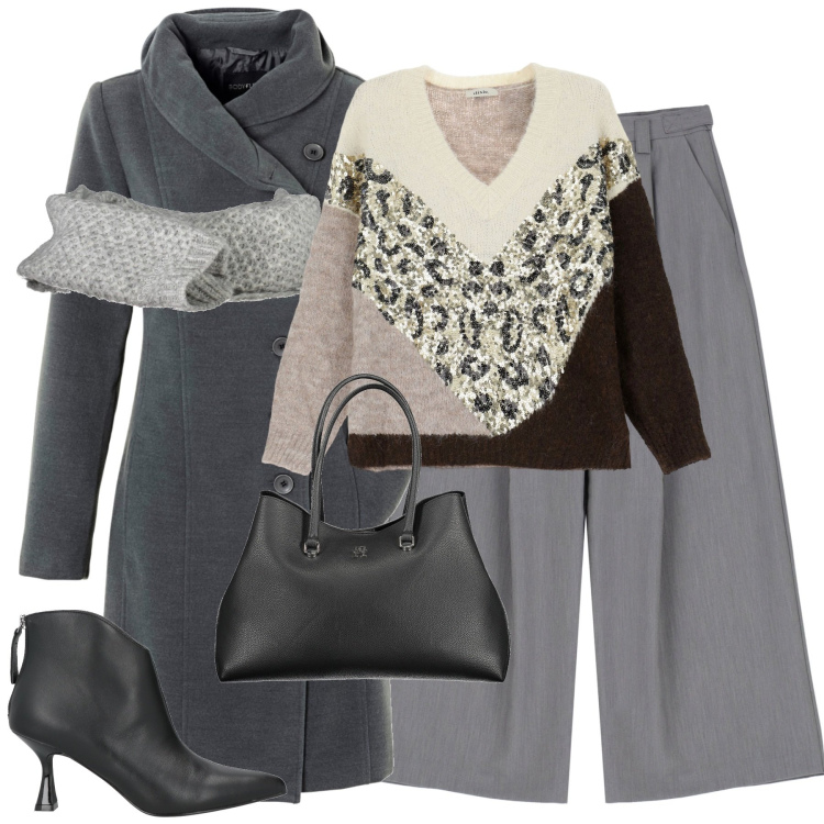 Outfit donna - Fine ottobre in città. Stile Casual chic per Tutti i giorni. Abbinamento con cappotti, stivaletti, pantaloni a palazzo, maglieria, sciarpe, borse a spalla.