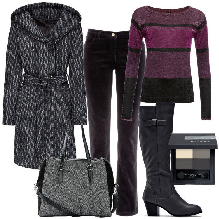 Outfit donna - Il cappottino grigio. Stile Casual chic per Tutti i giorni. Abbinamento con maglieria, borse a mano, stivali, pantaloni, cappotti, ombretti.