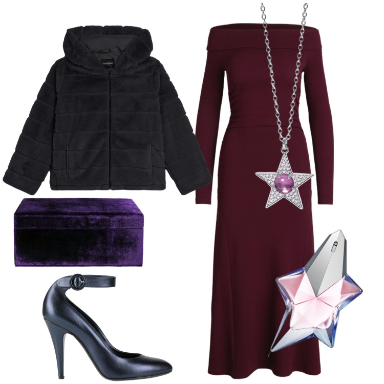 Outfit donna - Serata all opera. Stile Chic per Serata fuori. Abbinamento con décolleté, profumi, ciondoli, blazer, vestiti, pochette.