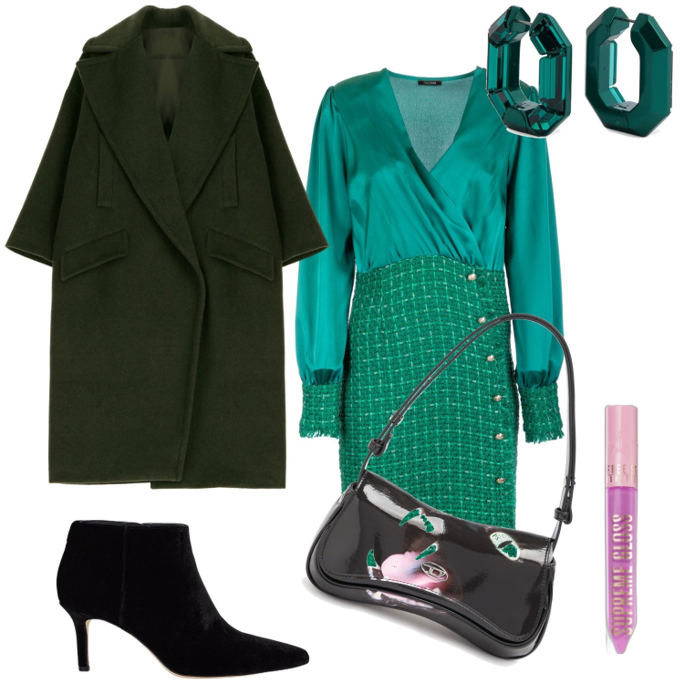 Outfit donna - A teatro. Stile Chic per Serata fuori. Abbinamento con gloss, vestiti a tubino, cappotti, stivaletti, orecchini, pochette.