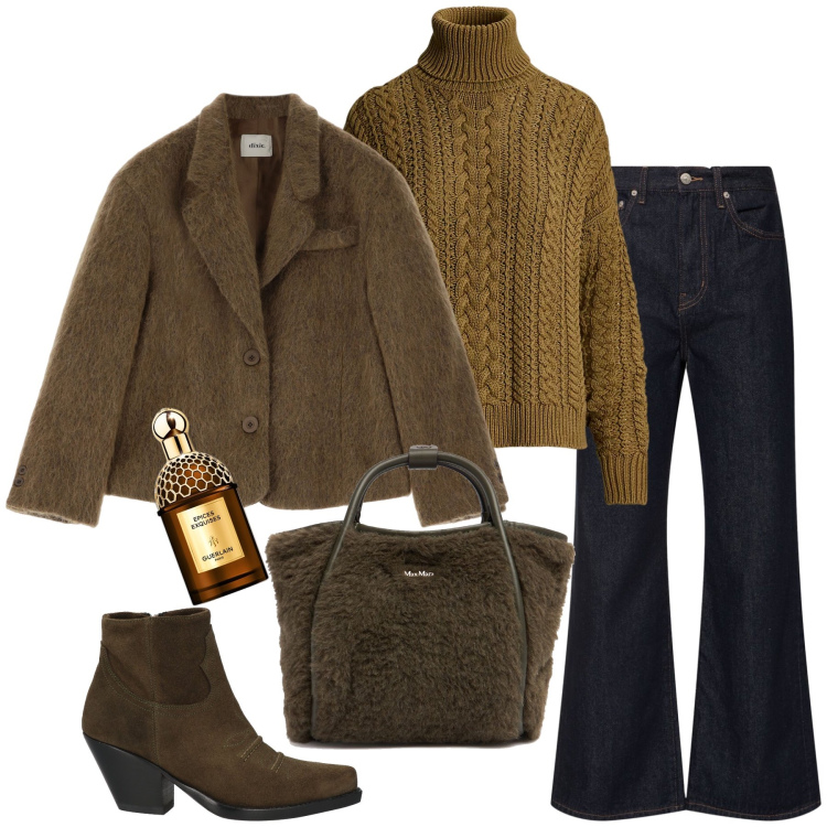 Outfit donna - Shades of Olive. Stile Casual per Tutti i giorni. Abbinamento con stivaletti texani, profumi, blazer, maglieria, borse a mano, jeans dritti.