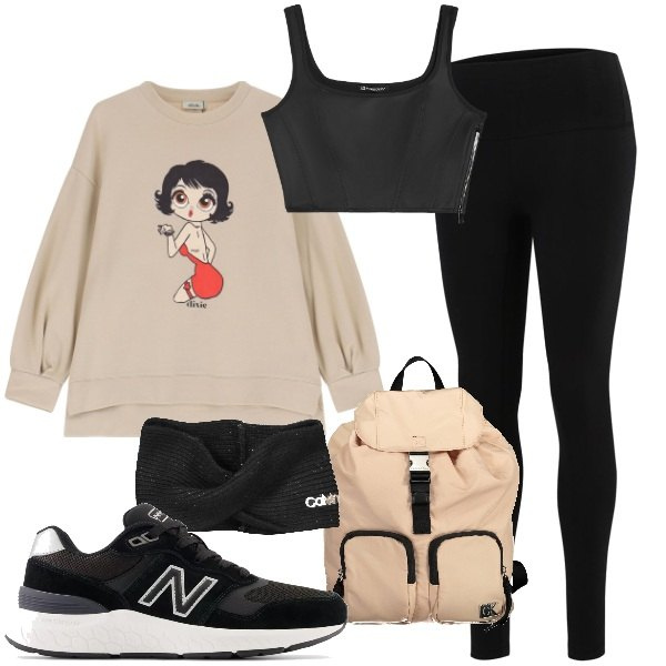 Outfit donna - Stile athleisure. Stile Sporty chic per Sport. Abbinamento con sneakers, leggings, top, felpe, zaini, fasce per capelli.