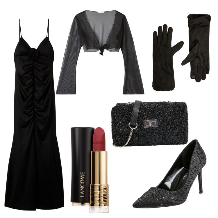 Outfit donna - Morticia Addams. Stile Chic per Serata fuori. Abbinamento con rossetti, vestiti lunghi, bolero, décolleté, borse a tracolla, guanti.