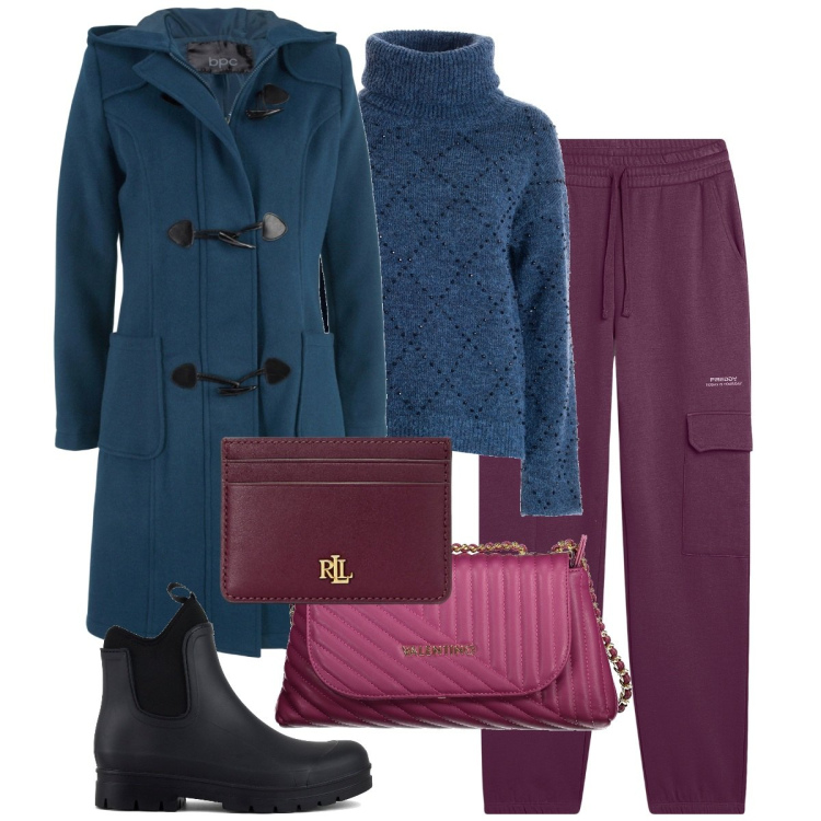 Outfit donna - Il Montgomery blu. Stile Casual chic per Tutti i giorni. Abbinamento con montgomery, maglieria, pantaloni cargo, portafogli, stivali, borse a tracolla.