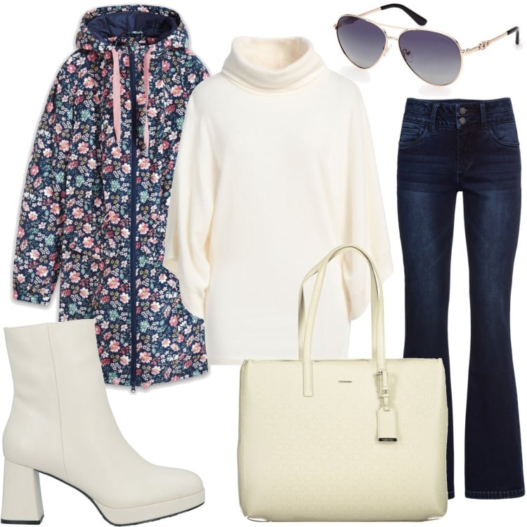 Outfit donna - Maxi maglione e giaccone fiorato. Stile Casual chic per Tutti i giorni. Abbinamento con jeans bootcut, blazer, maglieria, stivaletti, occhiali da sole, borse a spalla.