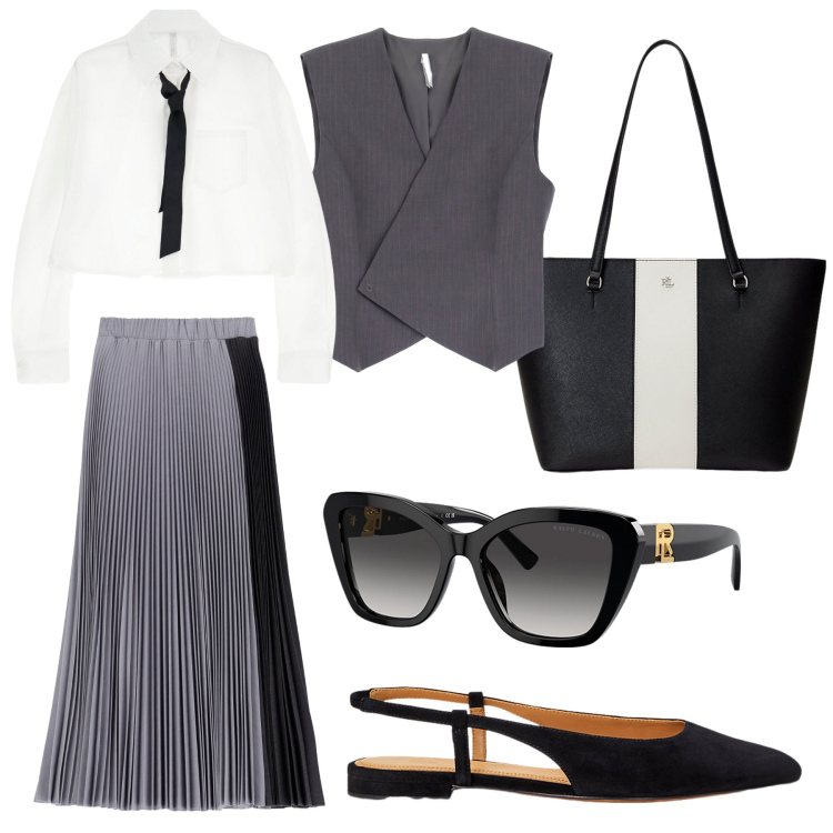 Outfit donna - Total look #1985929. Stile Urban per Ufficio. Abbinamento con gonne lunghe, gilet, camicie, occhiali da sole, borse tote, ballerine.
